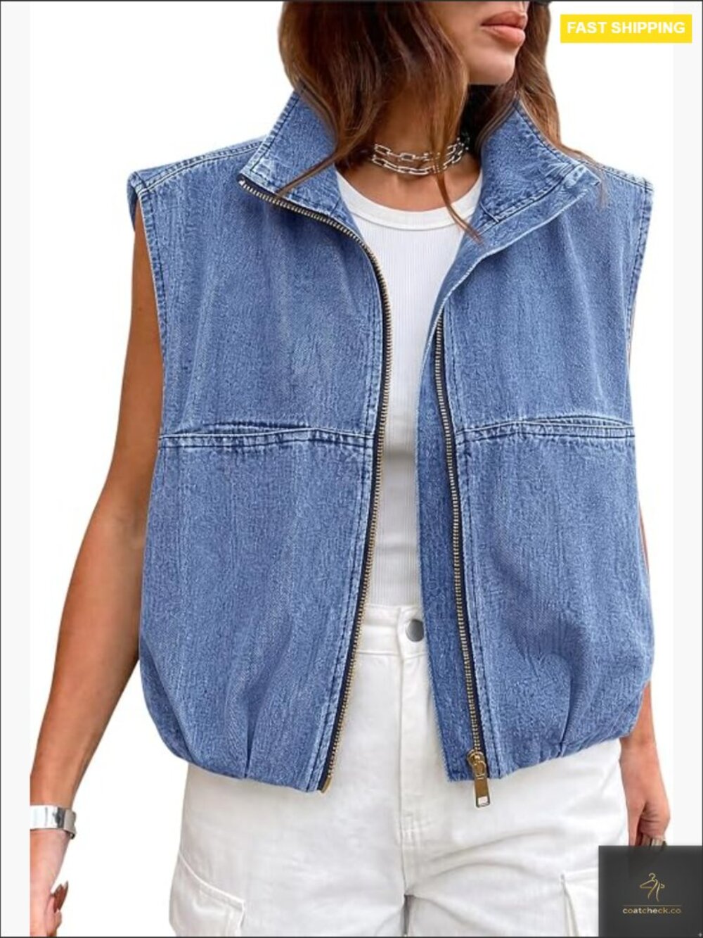 Oversized Zip Up Denim Vest Ruched Bubble Hem Sleeveless Jean Jacket Casual